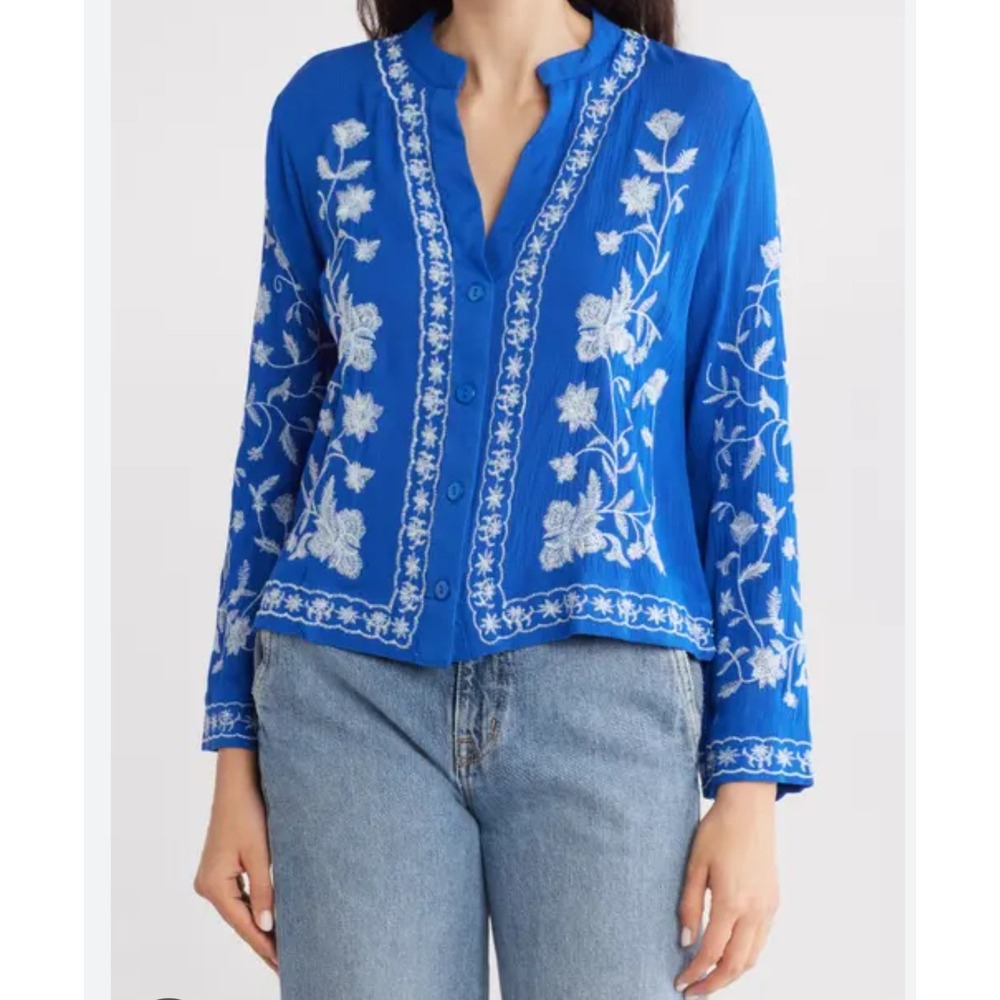Women's Embroidered Cotton M Artsy Boho Summer Coastal Work Office Career Y2K